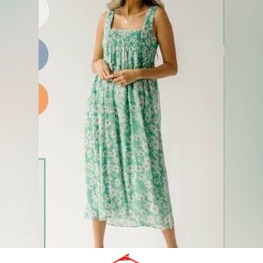 Green Floral Midi Dress with Square Neck